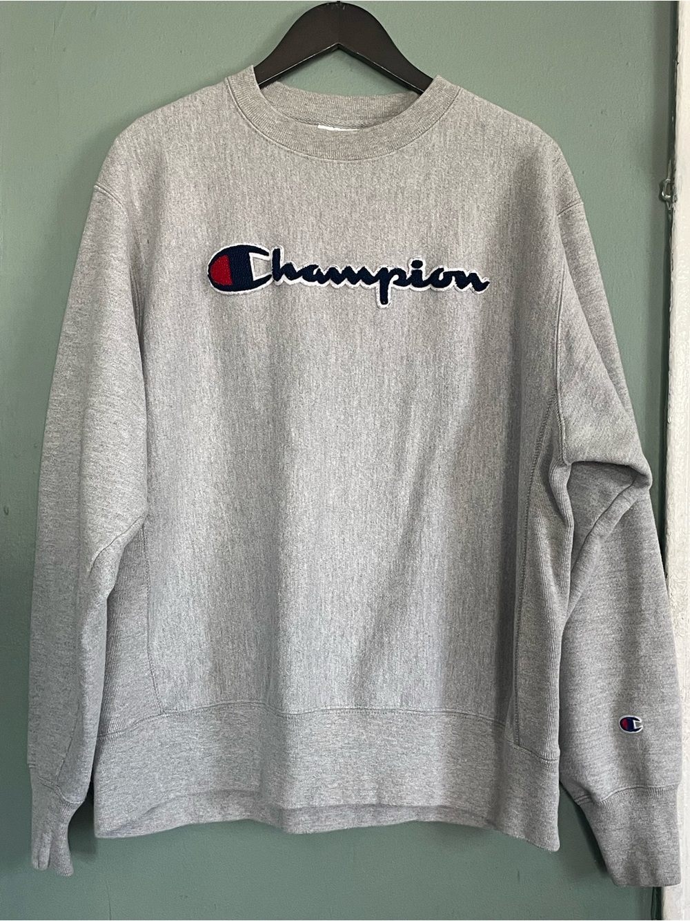 Vintage Champion Gray Crewneck Sweater with Navy & Red Logo